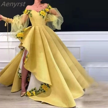 Елегантна жълта абитуриентска рокля Sweetheart 3D цвете от рамото вечерна рокля голям цепка плисета линия فستان حفلات الزفاف плюс размер