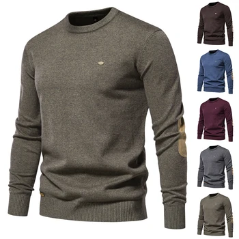 2023 Нов есенен памучен пуловер за мъже O врата пачуърк ръкав пуловери мъже плътен цвят топла зима мъжки качествени пуловери