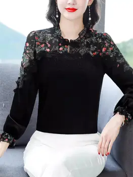 Пролетно кадифе пачуърк шифон топ за жени 2024 Нова риза с дълъг ръкав Корейска флорална блуза Z4640