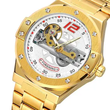 Forsining Top Brand Full Stainless Steel Luxury Golden Men Leisure Automatic Mechanical Hollowed Out Motorcycle Tourbillon Watch