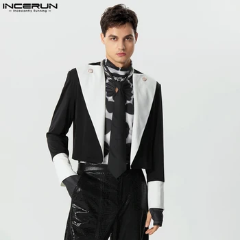 INCERUN върхове 2023 мода мъжки метални бутон дизайн костюм палта случайни гореща продажба изрязани контраст цвят дълъг ръкав нетактичност S-5XL