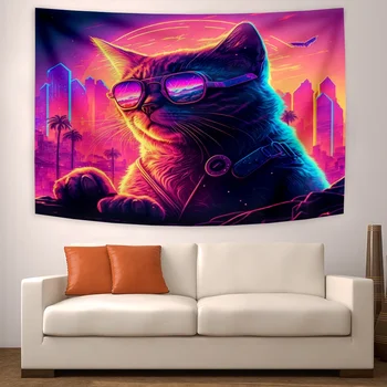 Cat флуоресцентен гоблен естетичен плакат висящи кърпа къща стая психеделичен флаг декорация на стената 200x150cm