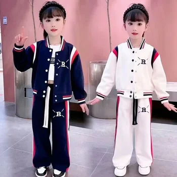 Kid Girls Clothing Baseball Jersey Sports Suit Spring and Autumn Kids Printed Letter Jacket Long Trousers 2 Piece Set 4-14Y