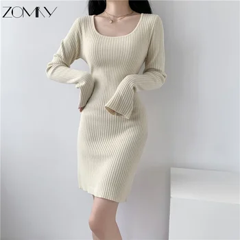 ZOMRY корейски шик есен зима ретро трикотажни рокля жени мода пуловер топло секси мини рокли висока талия твърдо дъно жилетка
