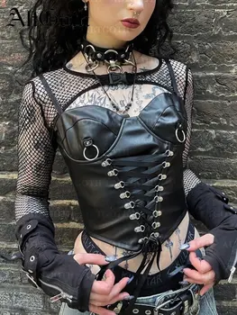 AltGoth Cyberpunk Mall Goth Pu Camis жени улично облекло Harajuku превръзка корсет изрязване потници емо алтернатива рейв екипировки женски