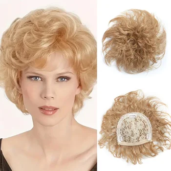 10 инча синтетична глава отгоре коса перука кръпка жените покрита коса перука кръпка синтетична коса без марки отгоре хлабав кратко къдрава
