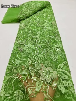Heavy Handmade Beaded Lace Fabric Luxury Bridal 2024 Висококачествен 5 ярда пайети Френски тюл рокля материал