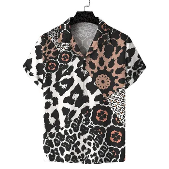 Реколта 3D леопард печат мъжки риза къс ръкав случайни плаж ревера ризи простота еднореден блуза мъжко облекло