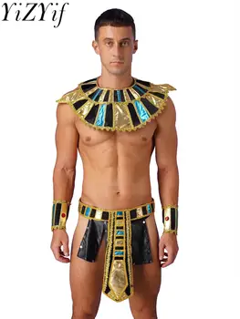 Мъже Египетски фараон цар косплей костюм Хелоуин косплей комплекти изкуствена кожа бельо с врата яка колан маншети подпори