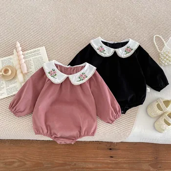 Есенно бебешко боди новородени момичета гащеризон цветна бродерия ревер плътен цвят дълъг ръкав гащеризон бебешки дрехи 0-2 години