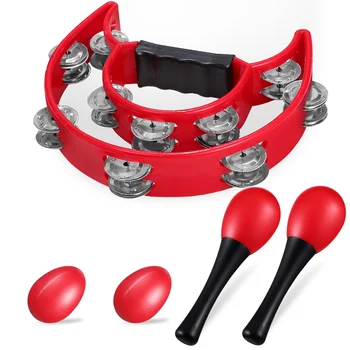Double Row Tambourine Maracas Egg Shaker, Red Percussion Musical Instrument Set, Hand Held Percussion- Half Moon Tambourine for