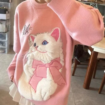 Сгъстете топли зимни пуловери пуловер флокиране бели котки бродерия суитчър жени студент хлабав извънгабаритни хип-хоп streetwear