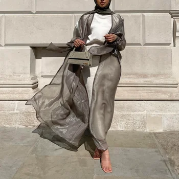 ОТКРЫТО Абая Кимоно Ислямски Арабски Лъскава Коприна Дълги ръкави Жилетка Турция Мюсюлманска рокля Кафтан Африкански Абая за жени Дубайска роба