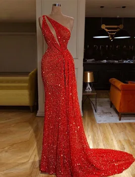 Дълги секси червени рокли с пайети 2019 русалка Дубай Мода с едно рамо Вечер на абитуриентското парти Церемония по откриването Рокли на знаменитости