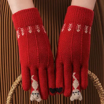 Жените Зимни TouchableScreen ръкавици сладък котка сгъсти топло трикотажни стреч ръкавици имитация вълна пълен пръст открит ски ръкавица